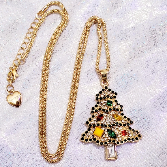 Gold-plated multicolored crystal Christmas tree pendant necklace - Picture 7 of 12